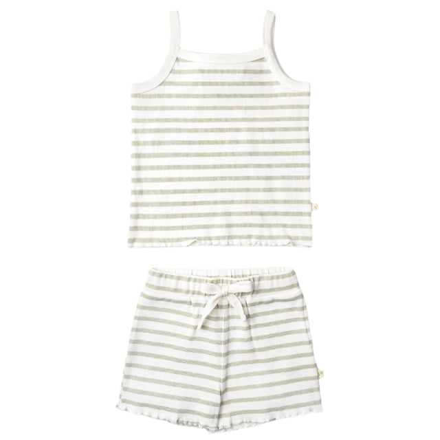 Organic Spaghetti Top & Short Set - Sage Stripes - HoneyBug 