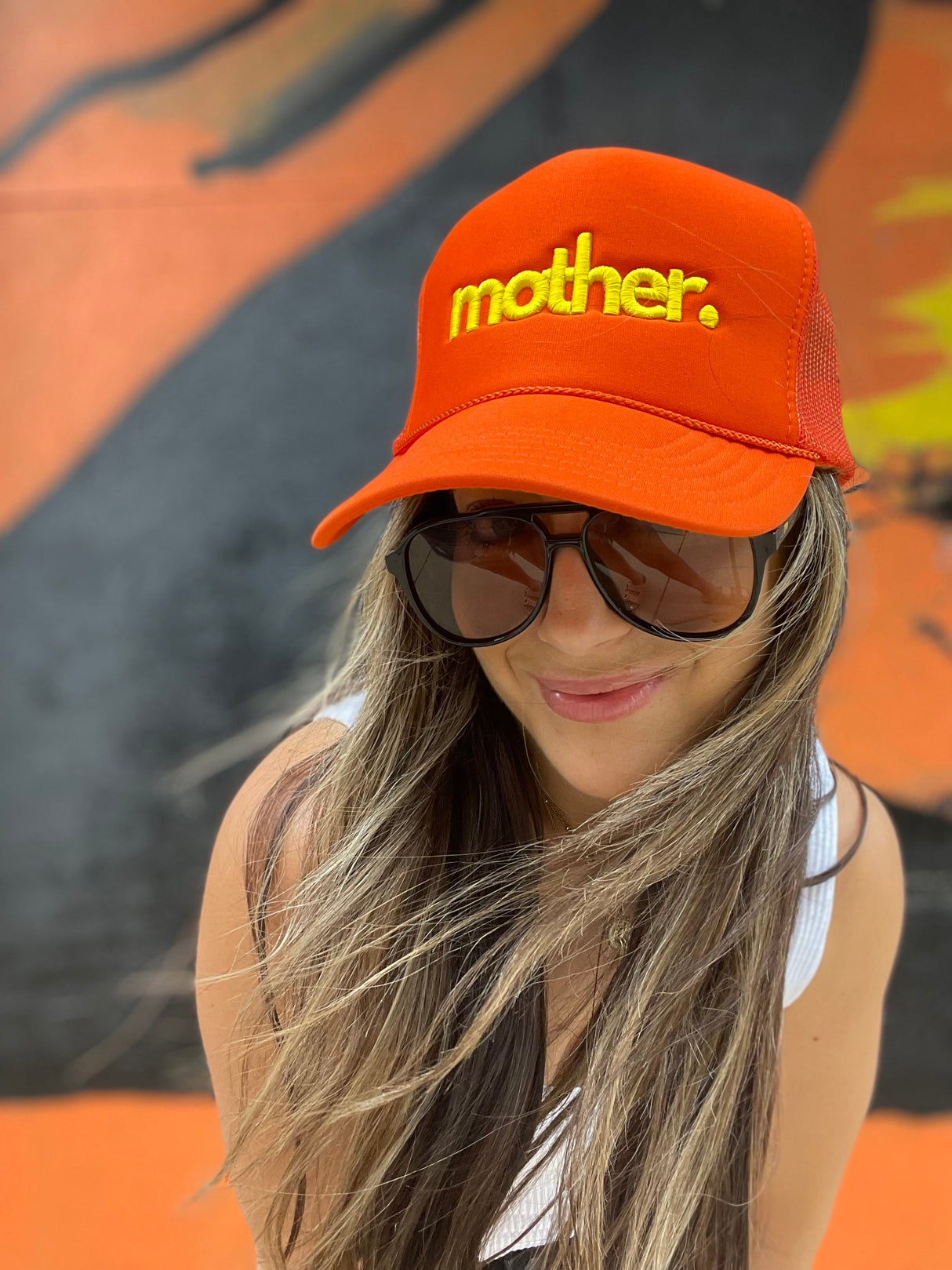 Mother Embroidered Trucker Hat -  Orange - HoneyBug 
