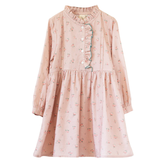 Girls Long Sleeves Dress with Front Ruffle | Vintage Pink Rose - HoneyBug 