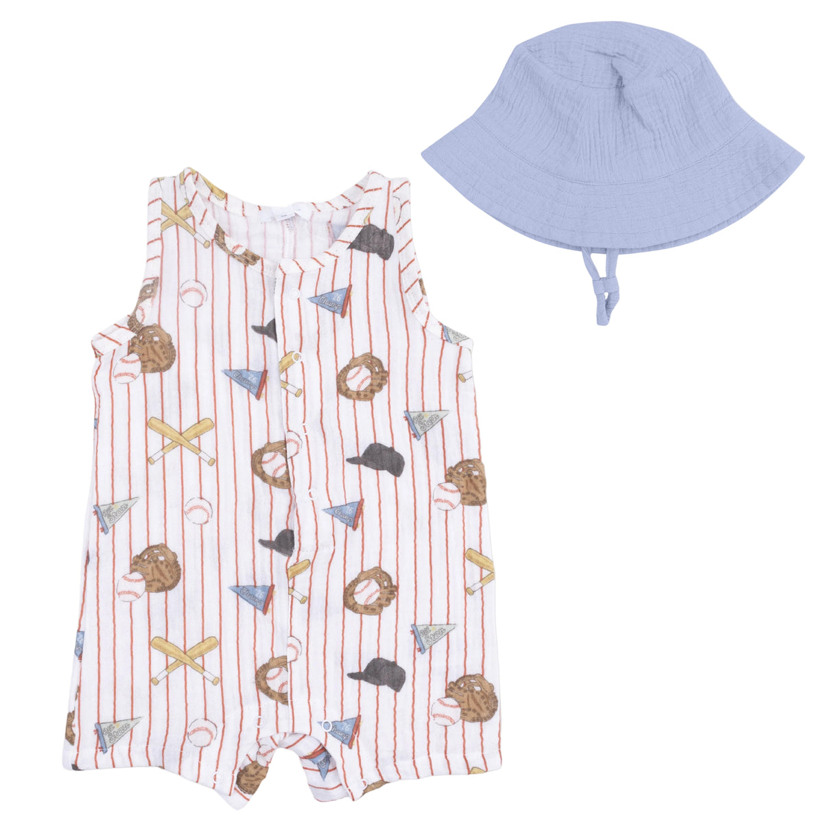 Vintage Baseball Stripe  - Muslin Sleeveless Shortie Romper with Bucket Hat
