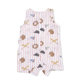 Vintage Baseball Stripe  - Muslin Sleeveless Shortie Romper with Bucket Hat