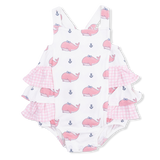 Bubbly Whale with Bow  Pink - Ruffle Sunsuit