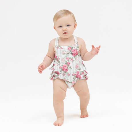 Cabbage Rose Stripe - Ruffle Sunsuit