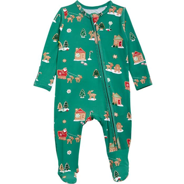 Zipper Footie - Gingerbread Sleigh Green - HoneyBug 