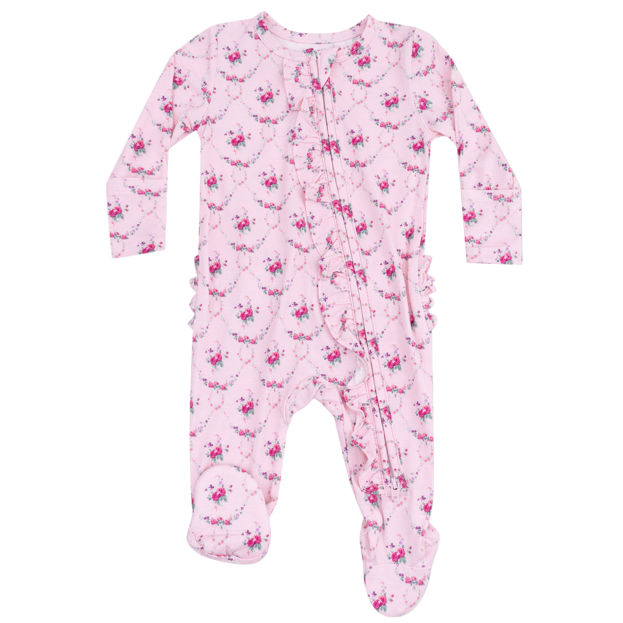 2 Way Ruffle Zipper Footie - Rose Garden Trellis - HoneyBug 