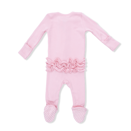 Solid Romance Rose Rib - 2 Way Ruffle Front Zipper Footie