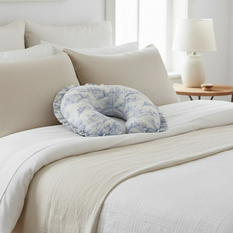 Blue Toile Ruffle Nursing Pillow Cover