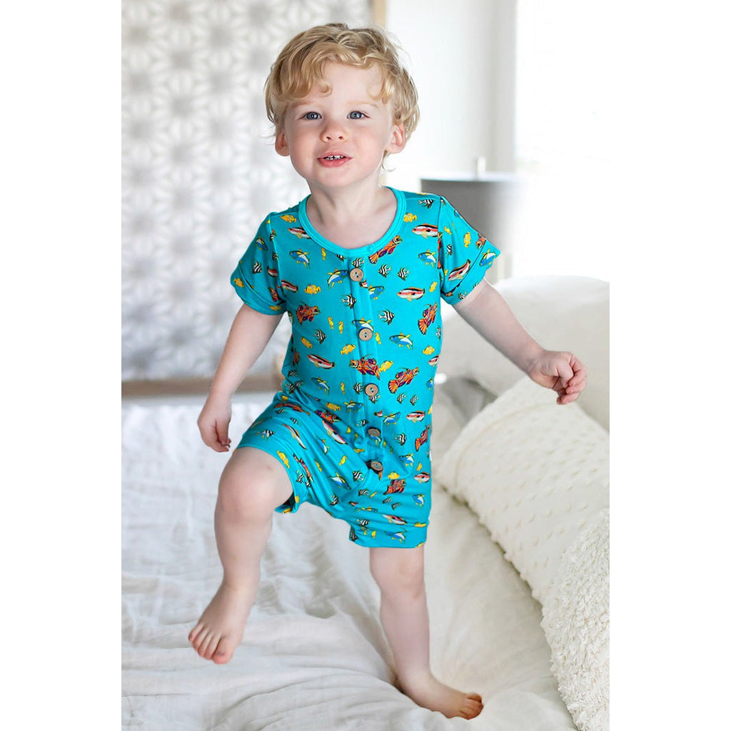Calypso Fish Short Two-Way Zippy Romper with Faux Buttons (2T-3T) - HoneyBug 