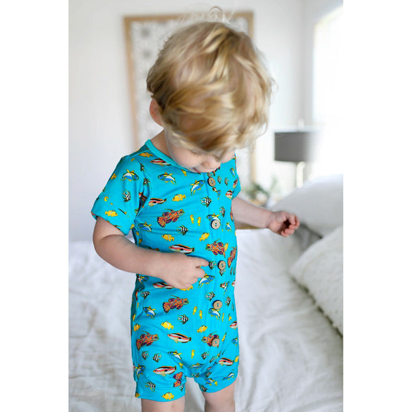 Calypso Fish Short Two-Way Zippy Romper with Faux Buttons (0-24m) - HoneyBug 
