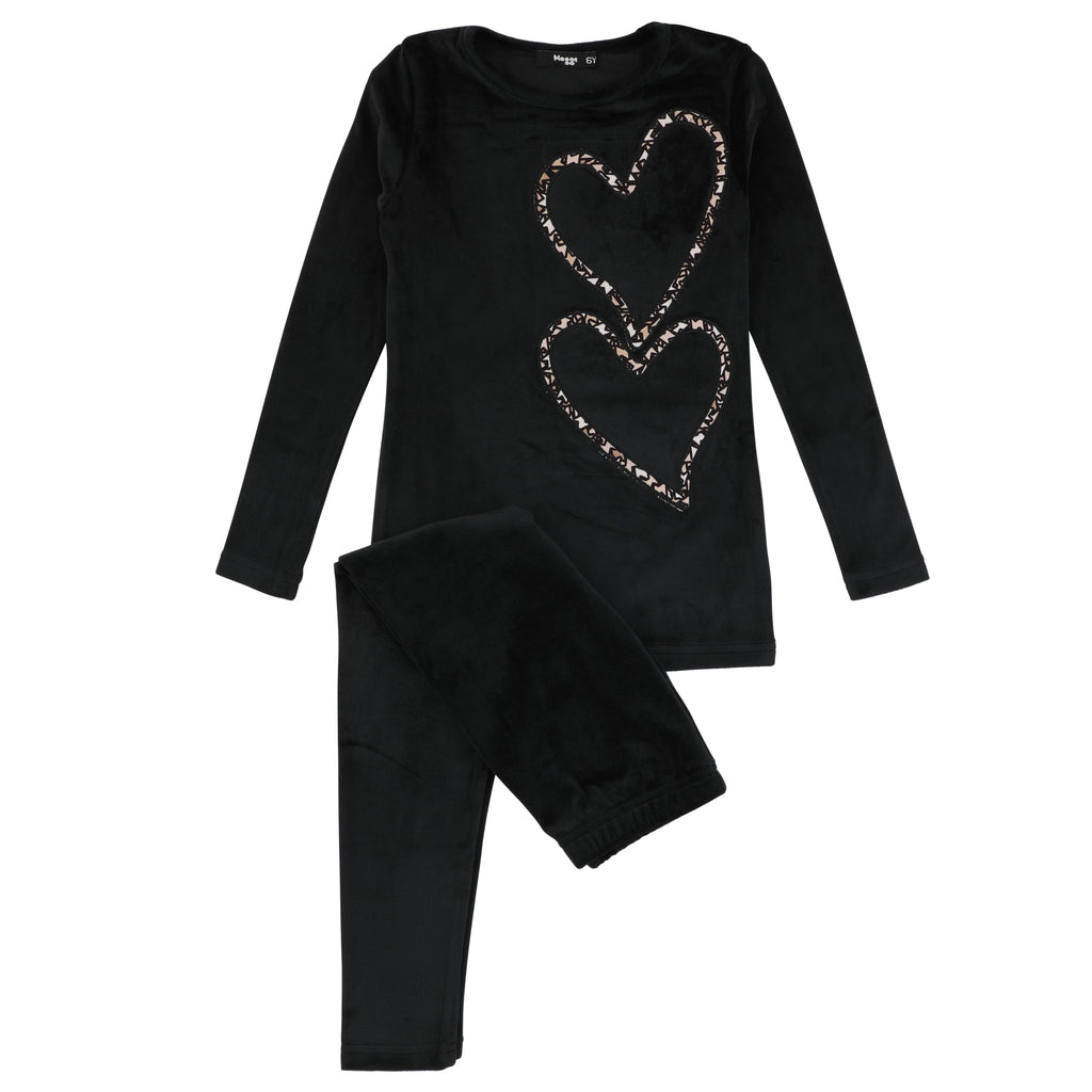 Velour Heart Loungewear Set, Black - HoneyBug 