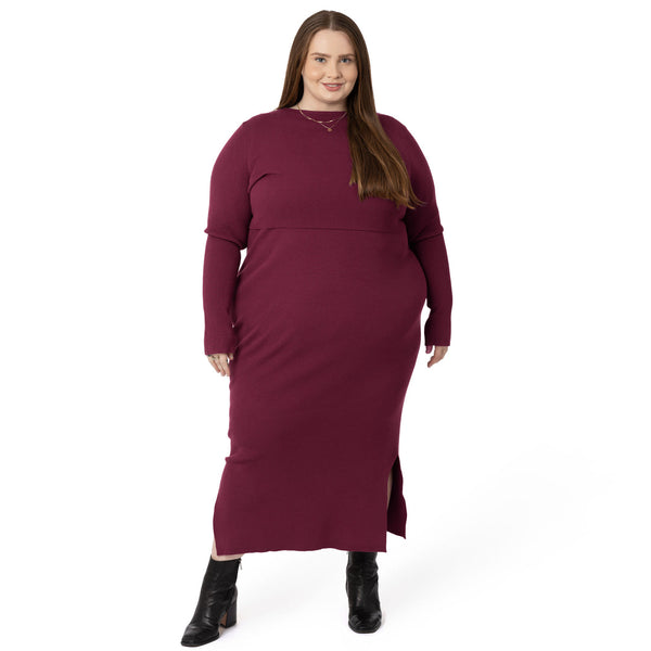 2-in-1 Nursing & Maternity Knit Midi Dress | Maroon - HoneyBug 