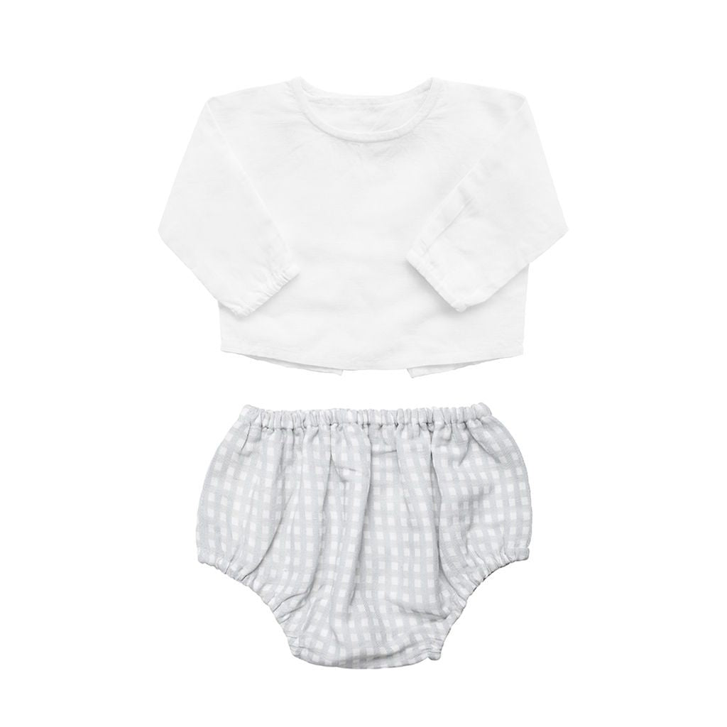 Gift set | grey gingham bloomer and white linen blouse - HoneyBug 