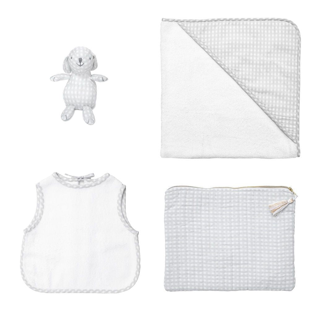 Newborn gift set | grey gingham linen pouch, Louelle. Bunny, apron bib and hooded towel - HoneyBug 