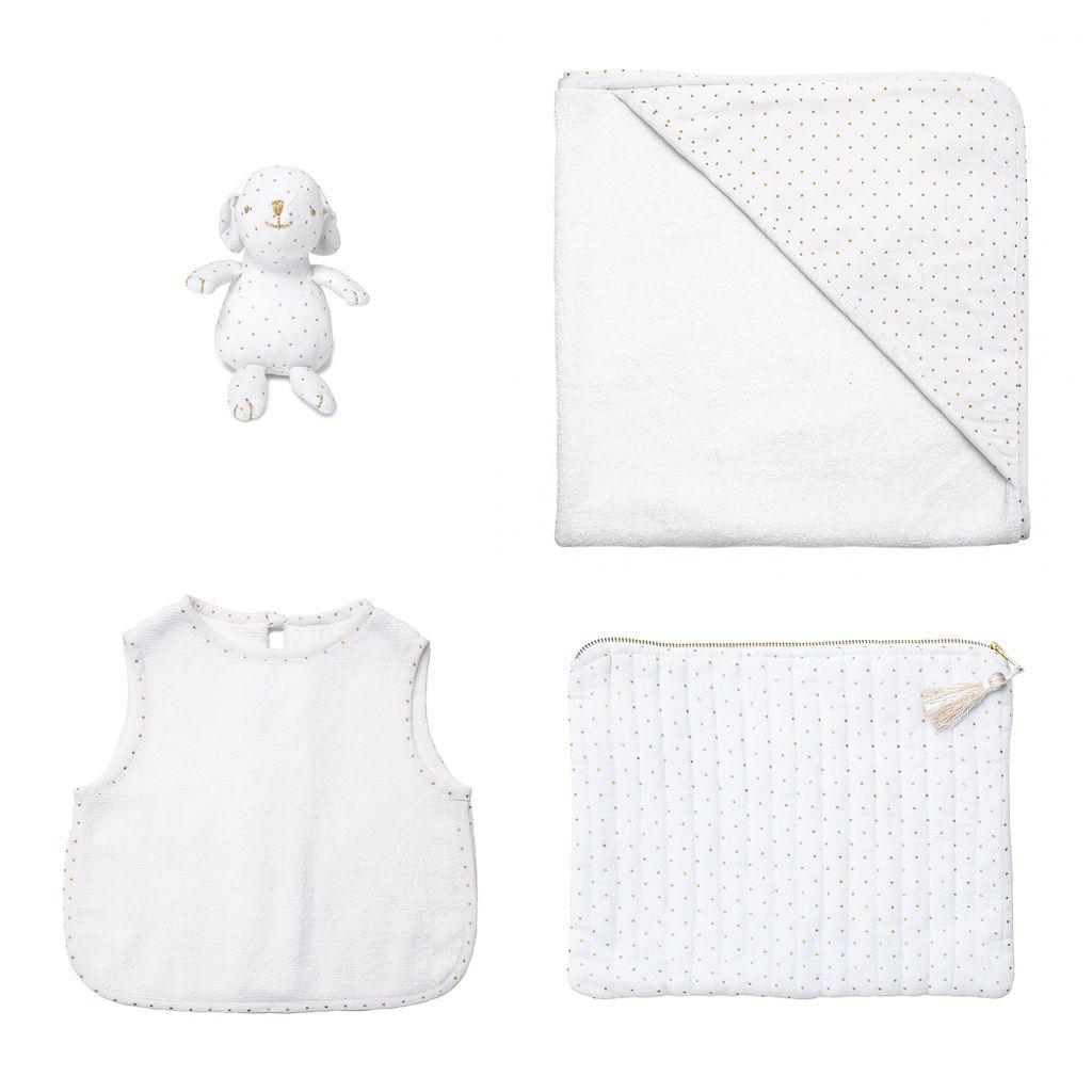 Newborn gift set | gold spot linen pouch, Louelle. Bunny, apron bib and hooded towel - HoneyBug 