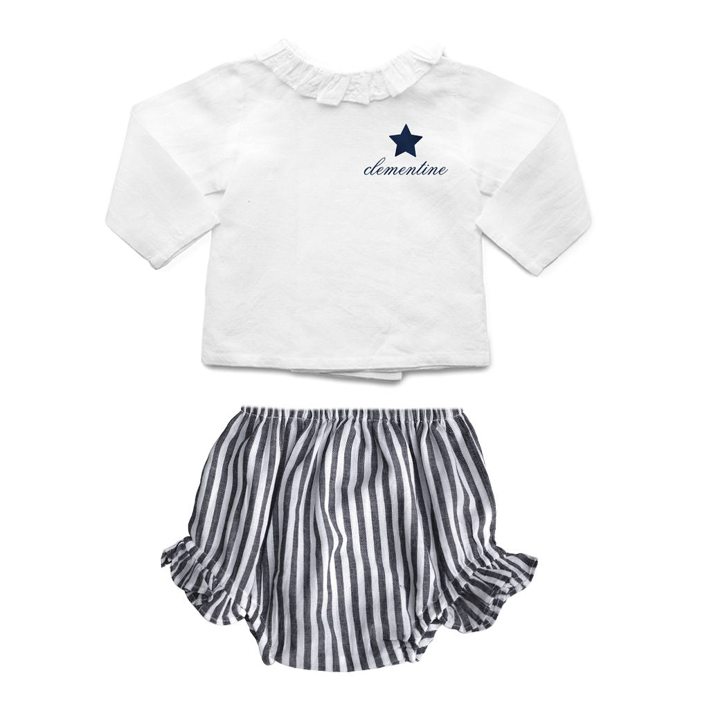 Monogrammed Gift set | double button blouse and Harbor Island stripe frill bloomer - HoneyBug 