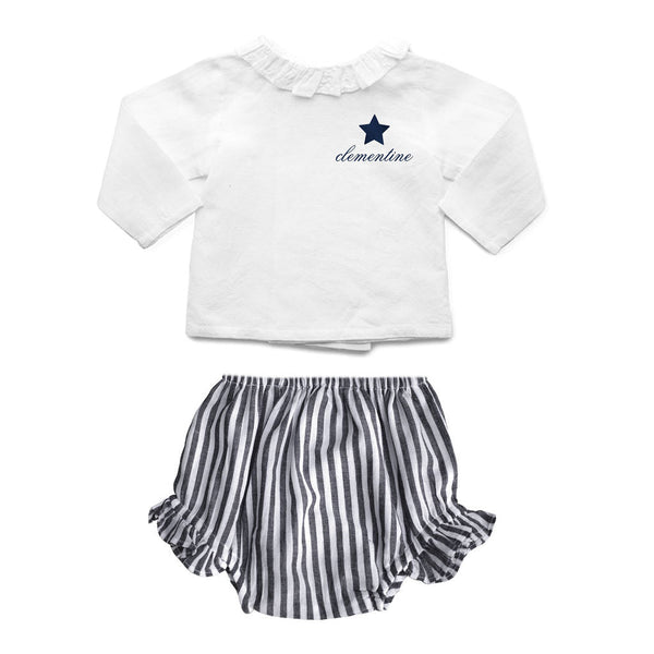 Monogrammed Gift set | double button blouse and Harbor Island stripe frill bloomer - HoneyBug 