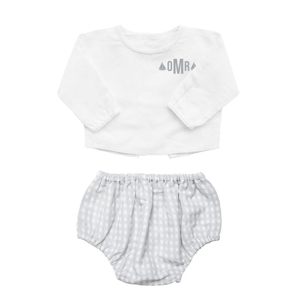 Monogrammed Gift set | double button shirt and grey gingham bloomer - HoneyBug 