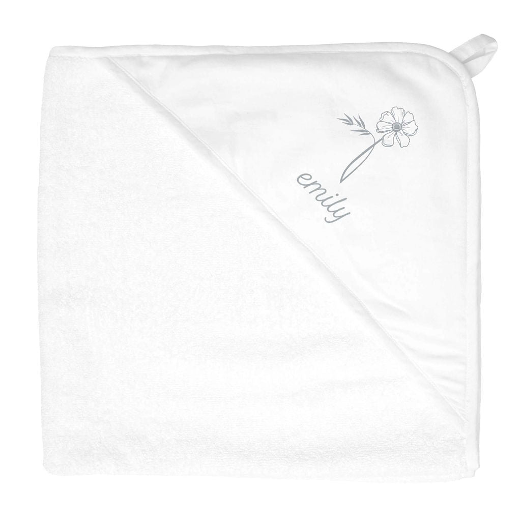 Personalized Hooded Towel | White Linen | Birth Flower Collection - HoneyBug 