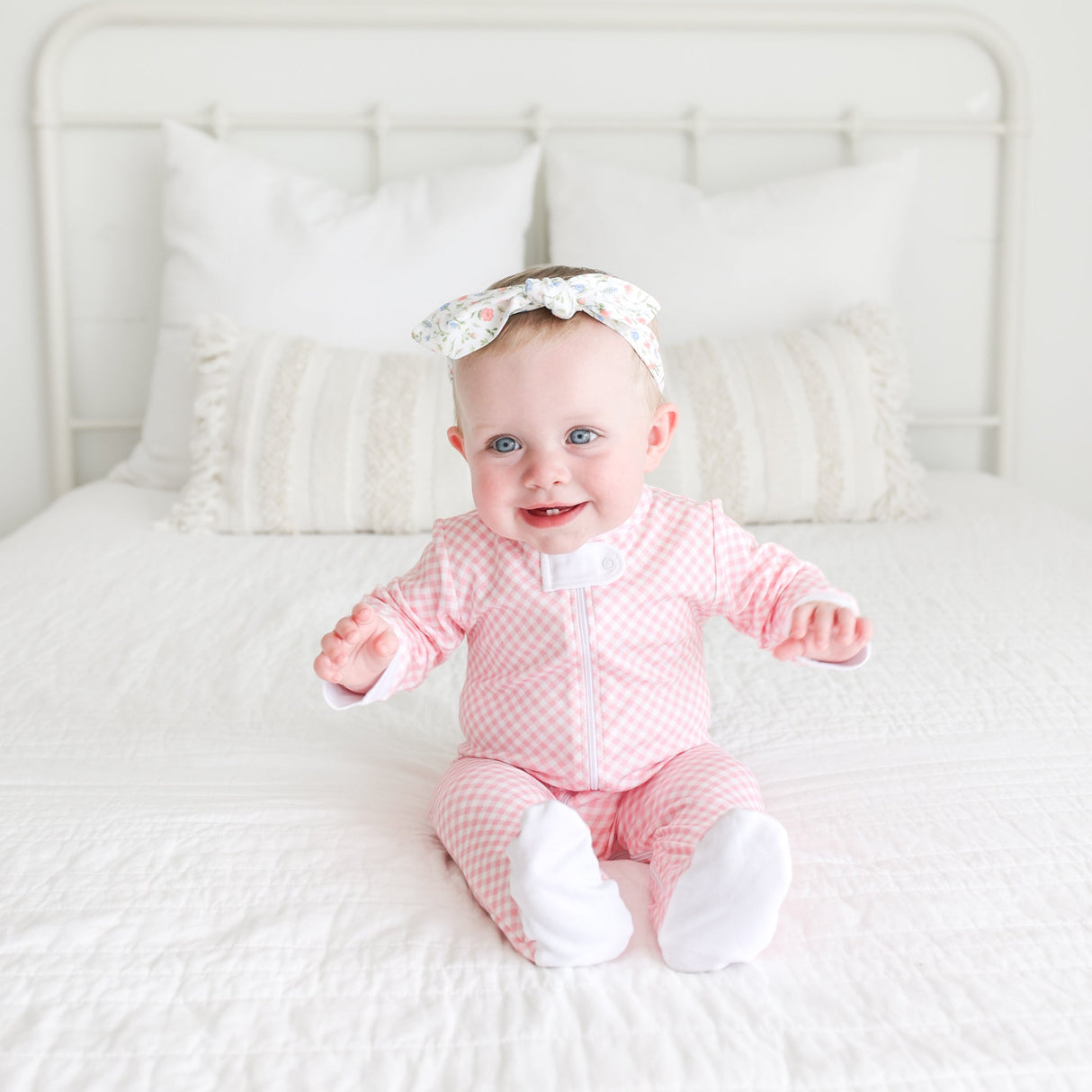 Pink Gingham Zip Footie - HoneyBug 