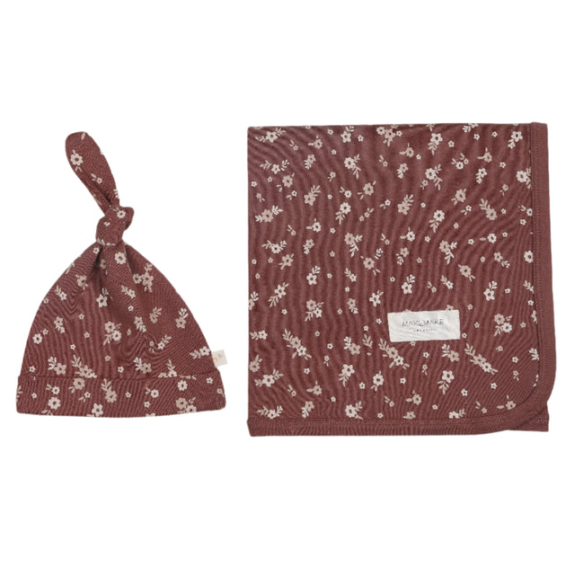 Organic Swaddle Blanket & Hat - Winter Bloom - HoneyBug 