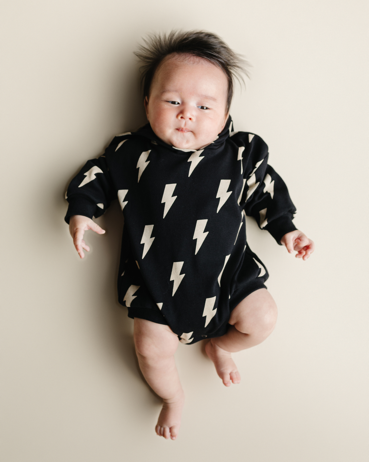 Hooded Bubble Romper  |  Black Bolts - HoneyBug 