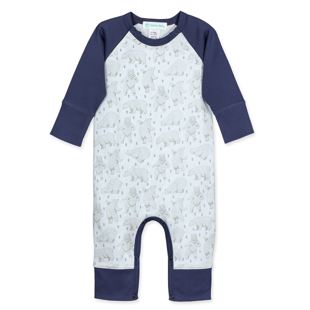 Sailor-Sleeve Long Romper - Dancing Bears on Baby Blue  100% Pima Cotton by Feather Baby - HoneyBug 
