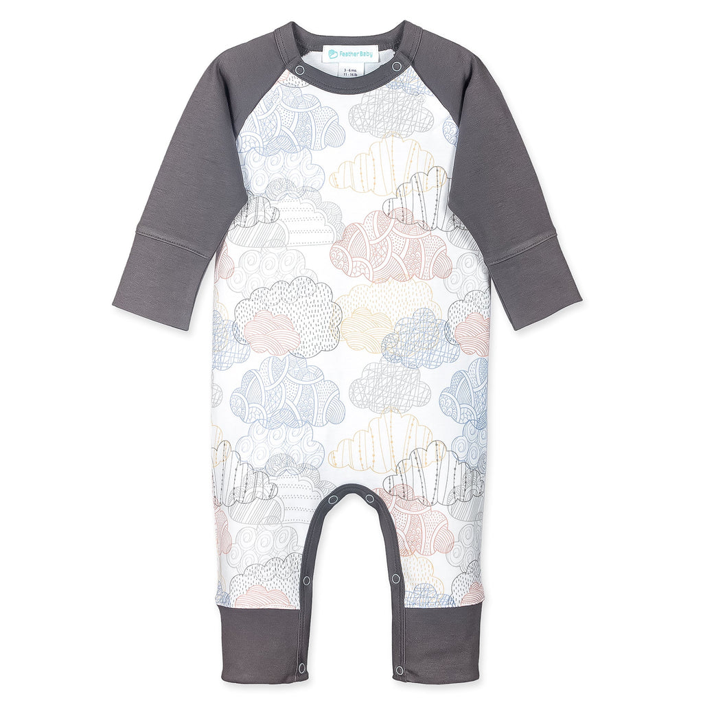 Sailor-Sleeve Long Romper - Colorful Clouds on White  100% Pima Cotton by Feather Baby - HoneyBug 