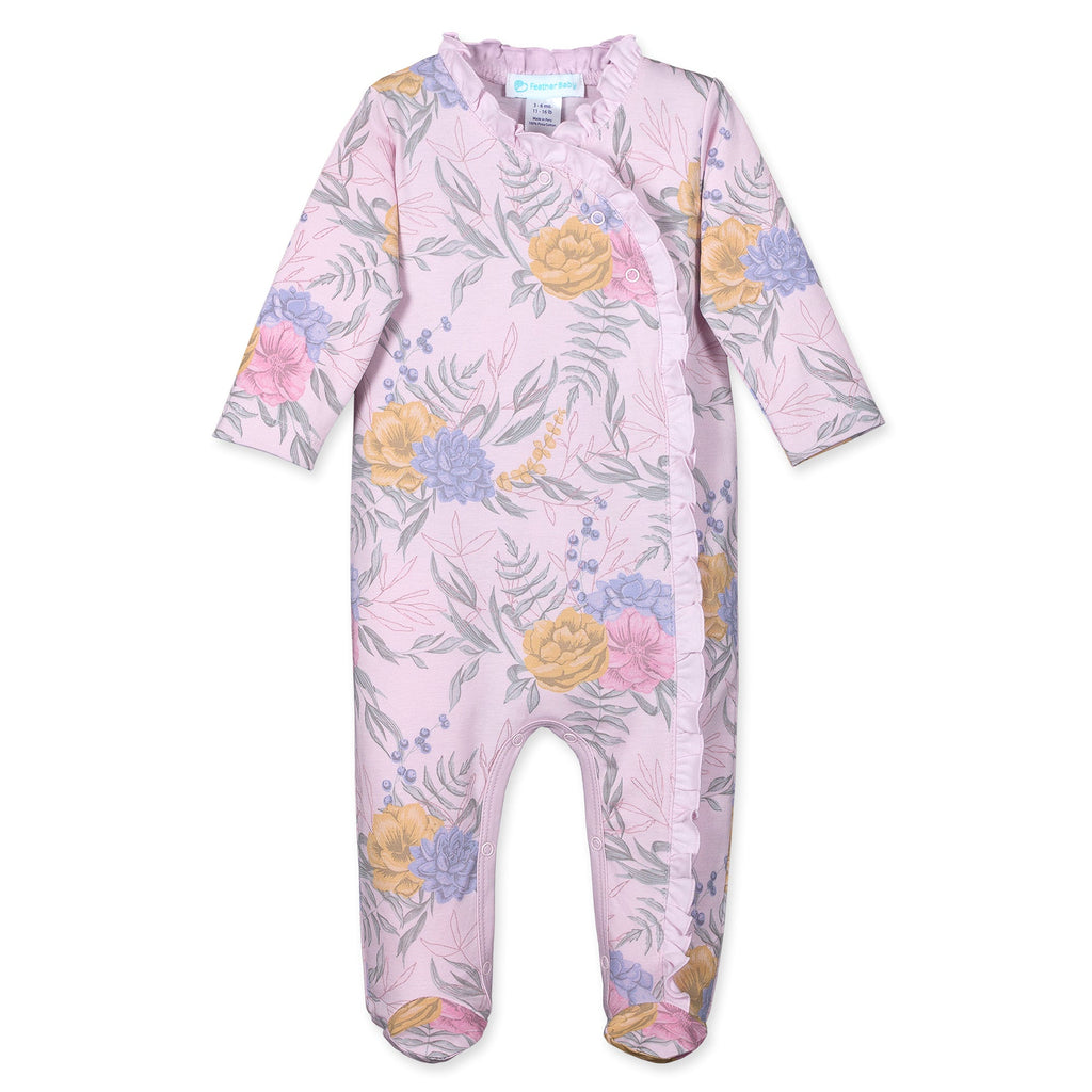 Kimono Ruffle Footie - Zoey on Pink  100% Pima Cotton by Feather Baby - HoneyBug 