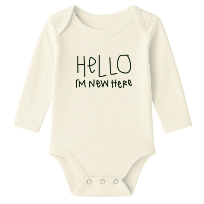 Hello I'm New Here Organic Cotton Baby Bodysuit Long Sleeve - HoneyBug 
