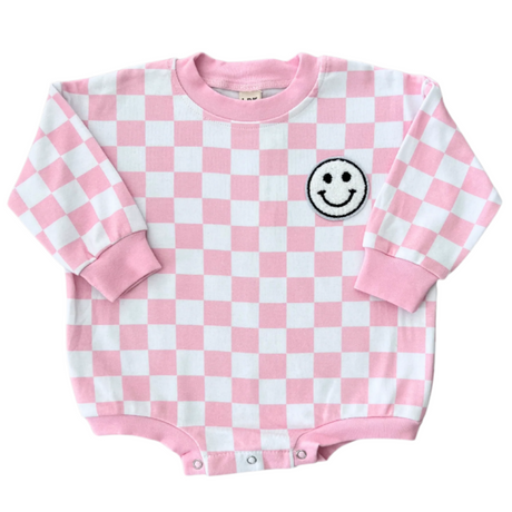 Bubble Romper | Checkered Smiley Pink - HoneyBug 