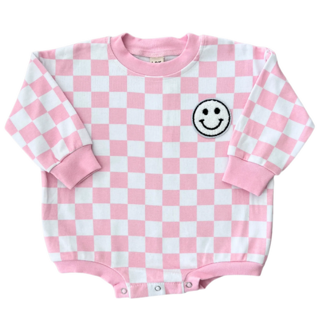 Bubble Romper | Checkered Smiley Pink - HoneyBug 