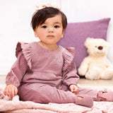 Mauve Eyelet Girls Romper – Embroidered Cotton Ruffle Sleeve - HoneyBug 