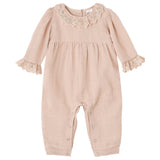 Lace Trim Baby Girl Romper in Soft Beige Rayon Linen - HoneyBug 