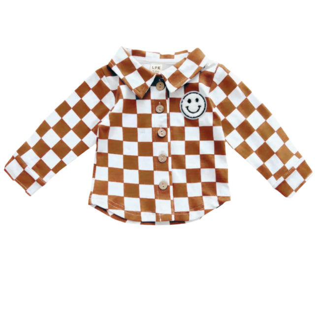 Cotton Shacket | Smiley Checkered Copper - HoneyBug 