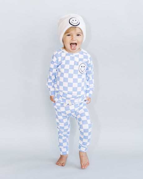 Checkered Smiley Lounge Set | Blue - HoneyBug 