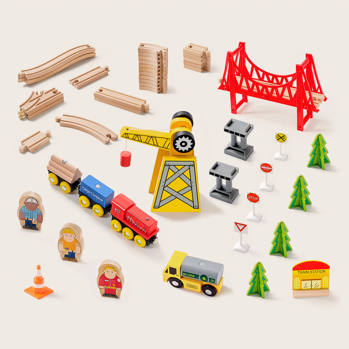 Tiny Land® Wooden Track Trains 55 Pcs - HoneyBug 