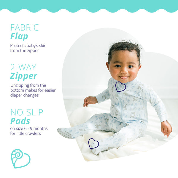 Zipper Footie - Sketched Yearlings on Baby Blue  100% Pima Cotton by Feather Baby - HoneyBug 