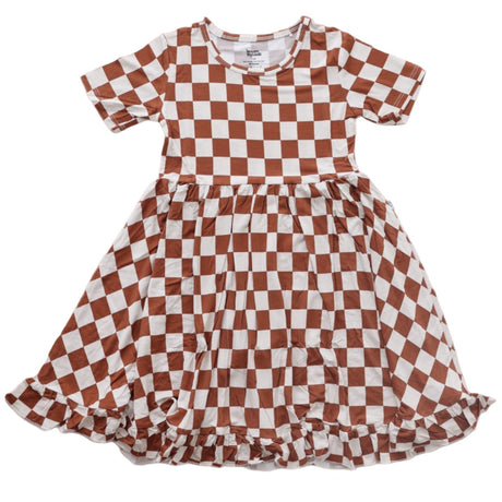 COPPER CHECKERS DREAM RUFFLE DRESS - HoneyBug 
