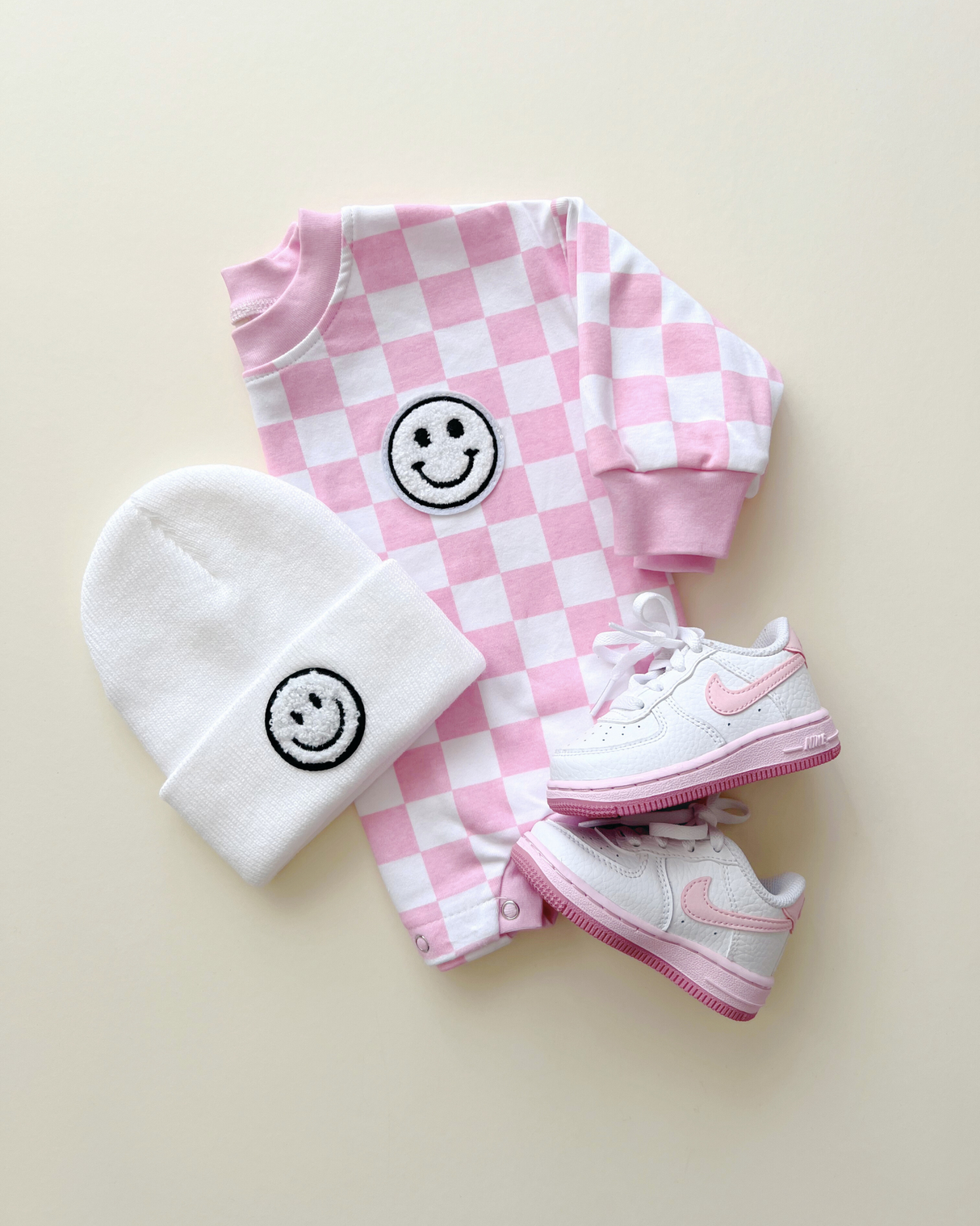 Bubble Romper | Checkered Smiley Pink - HoneyBug 