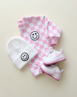 Bubble Romper | Checkered Smiley Pink - HoneyBug 
