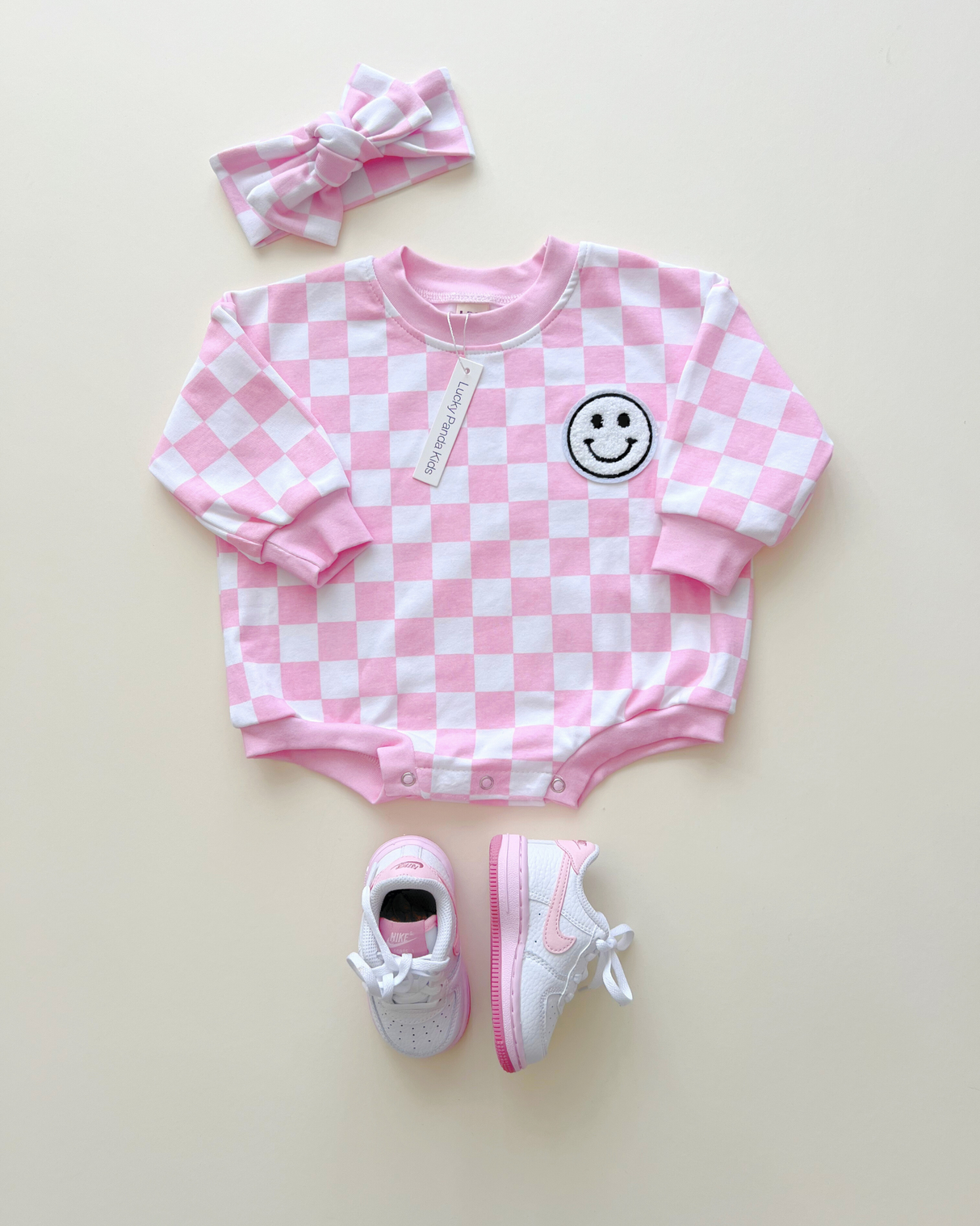 Bubble Romper | Checkered Smiley Pink - HoneyBug 