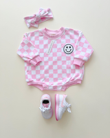 Bubble Romper | Checkered Smiley Pink - HoneyBug 