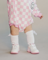 Bubble Romper | Checkered Smiley Pink - HoneyBug 