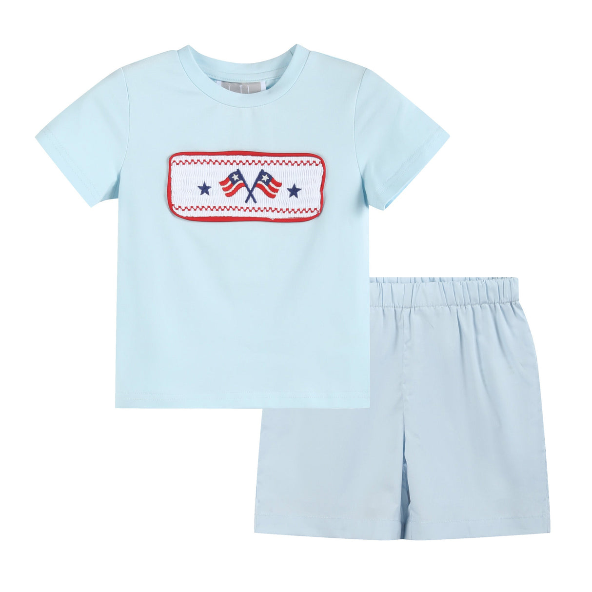 Light Blue USA Flag Smocked T-Shirt and Shorts Set