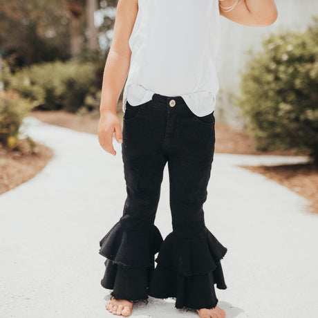 Black Denim Double Ruffle Pant - HoneyBug 