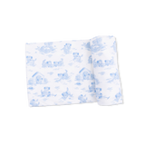 Puppy Toile Blue - 2 Way Zipper Footie & Swaddle Blanket Set