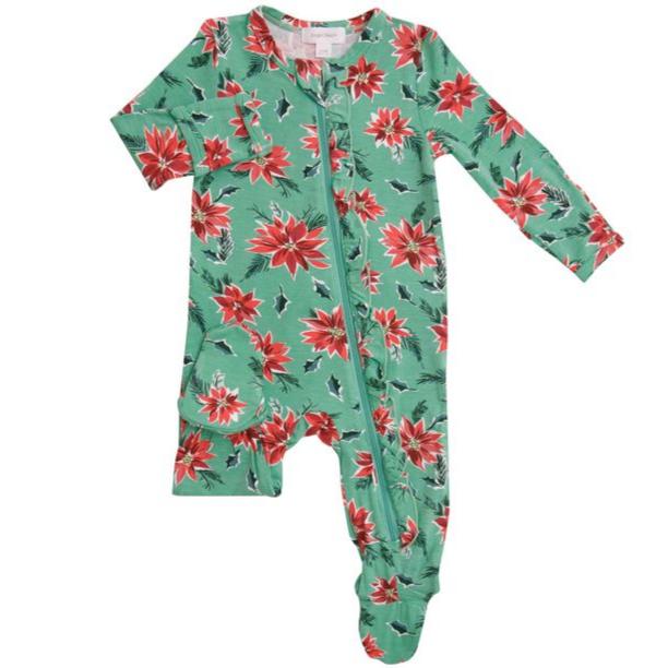 2 Way Ruffle Zipper Footie - Poinsettia - HoneyBug 