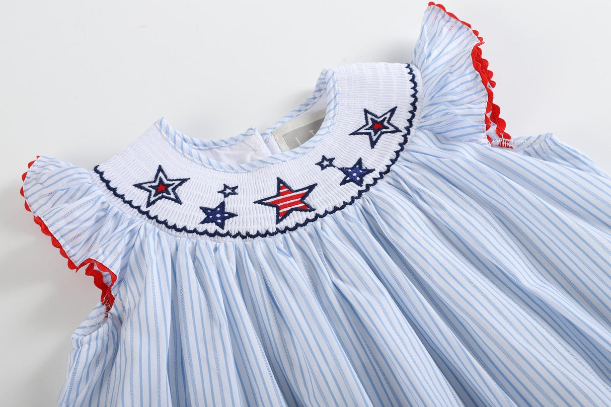 4th of July Blue Striped Stars Smocked Bishop Dress