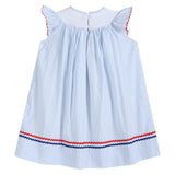 4th of July Blue Striped Stars Smocked Bishop Dress