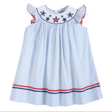 4th of July Blue Striped Stars Smocked Bishop Dress